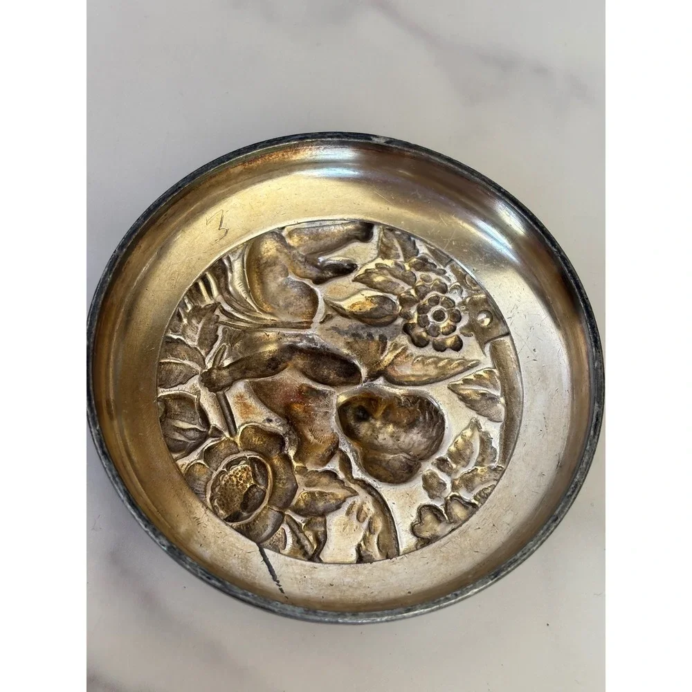 Vintage Cut Glass Powder Jar Cherub Repousse Metal Lid Vanity Trinket Bowl